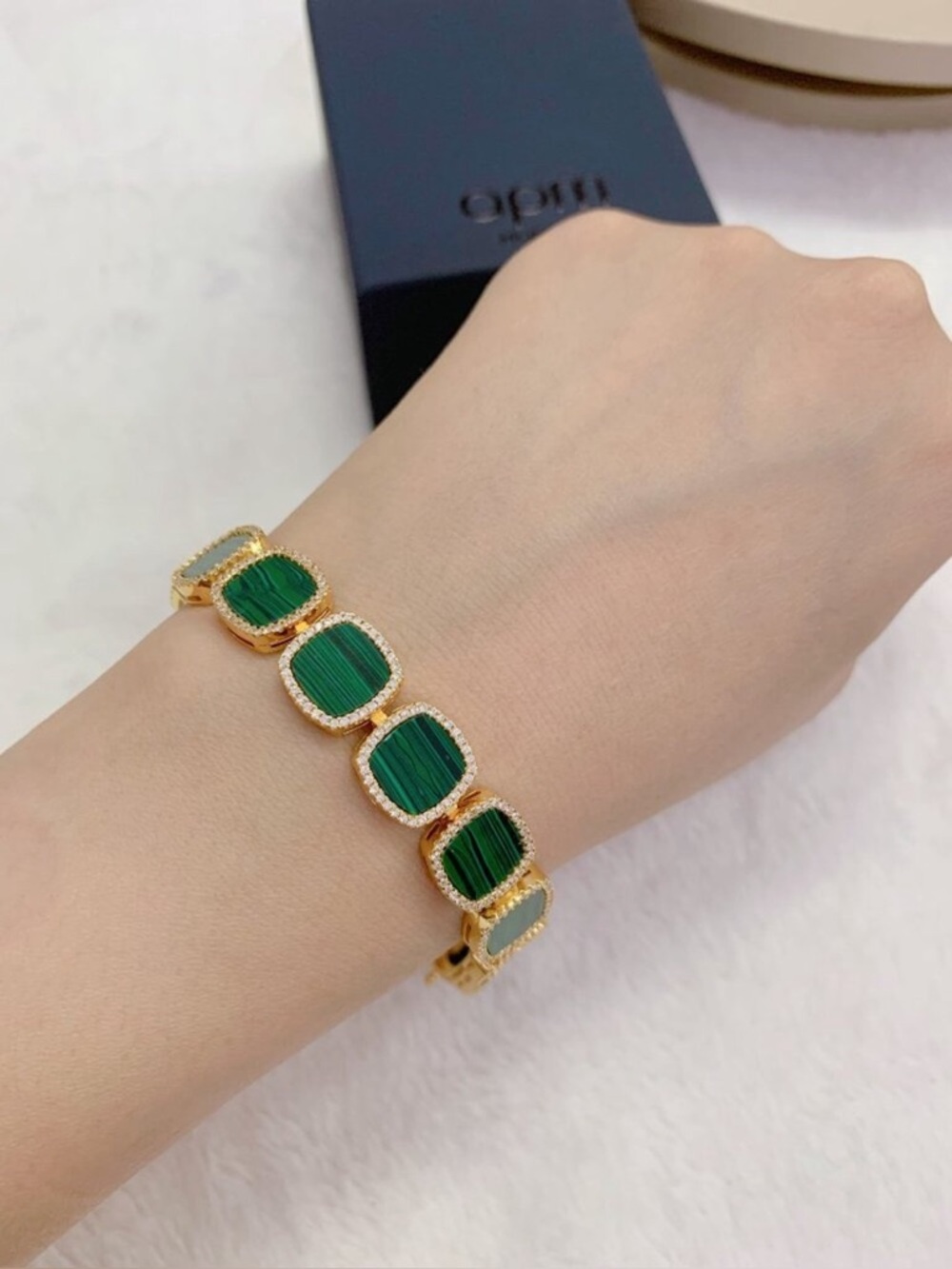 Apm Monaco Gold Bracelet with Green Stone Link Accents